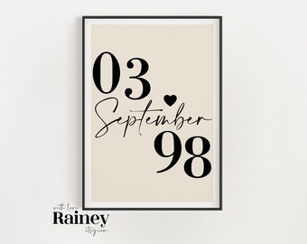 Custom Date Print with Hearts, Personalised Date, Wedding Date Print, Anniversary Date Print, New Home Date Print, Date Wall Art, Love Gift