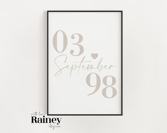 Custom Date Print with Hearts, Personalised Date, Wedding Date Print, Anniversary Date Print, New Home Date Print, Date Wall Art, Love Gift