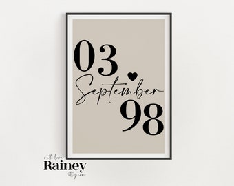 Custom Date Print with Hearts, Personalised Date, Wedding Date Print, Anniversary Date Print, New Home Date Print, Date Wall Art, Love Gift