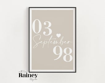 Custom Date Print with Hearts, Personalised Date, Wedding Date Print, Anniversary Date Print, New Home Date Print, Date Wall Art, Love Gift