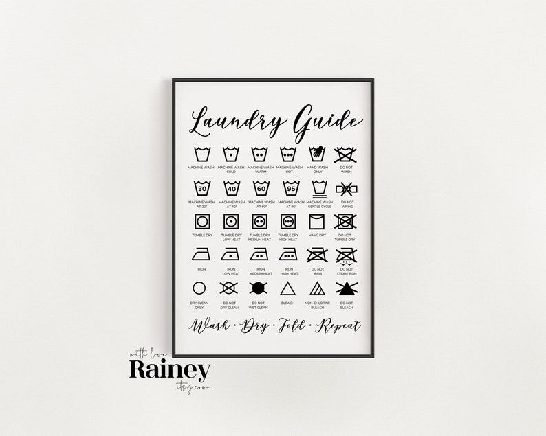 Laundry Guide Print, Kitchen Prints, Utility Prints, Washing Symbol Print, Laundry Room Prints, Utility Wall Art Print, Black & White Print image 1