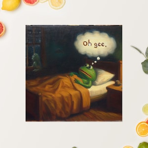 Existential Frog Wall Art - Vintage Frog Art Poster, Pepe Frog Decor Oil Painting Style, Frog Hat Earrings Gift Ideas