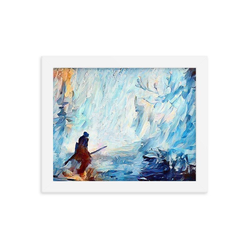 May include: A painting of a lone figure in a snowy landscape, with a blue and white color scheme. The figure is wearing a dark coat and holding a staff, and is walking towards a distant light source.
