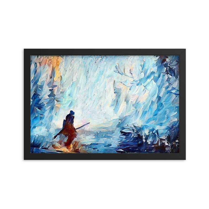 May include: A painting of a lone figure walking through a snowy forest. The figure is wearing a dark coat and carrying a staff. The forest is painted in shades of blue and white, with a hint of orange in the background.