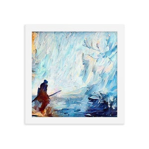 May include: A painting of a lone figure in a blue and white landscape. The figure is wearing a dark blue hat and a red coat. The figure is holding a long, thin object in their hand. The background is a swirling mix of blue and white, with hints of yellow and orange.