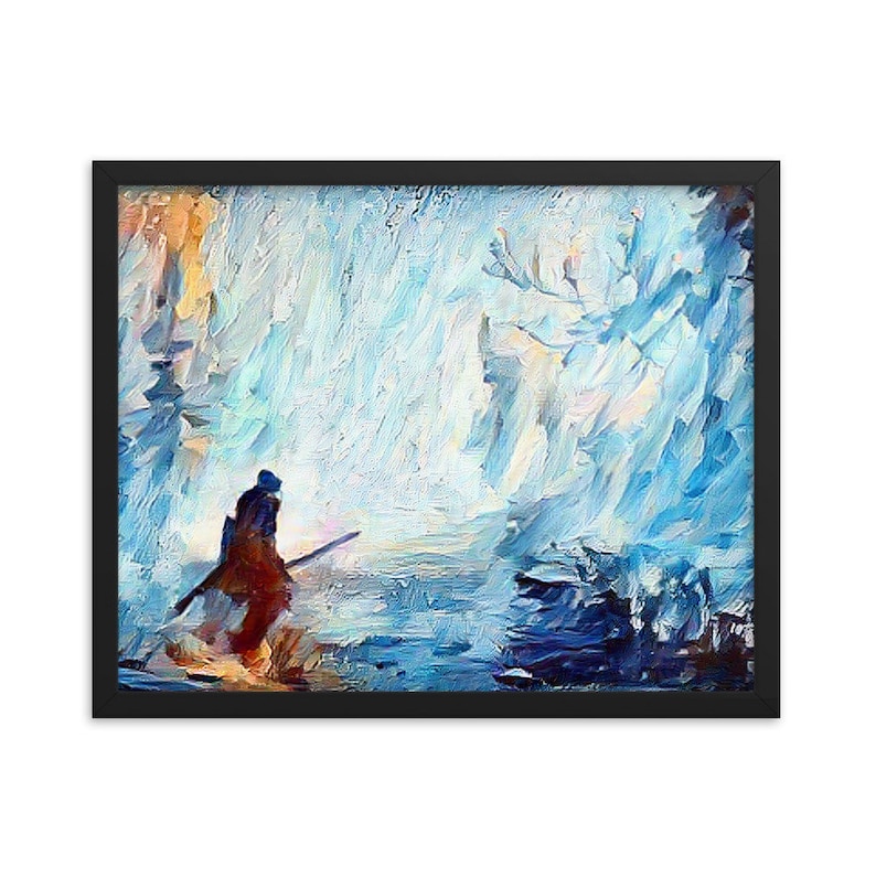 May include: A painting of a lone figure in a blue and white landscape, holding a staff and walking towards a snowy, icy forest. The figure is wearing a dark blue cloak and a brown hat. The painting has a painterly style with visible brushstrokes.