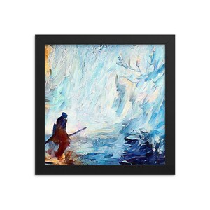 May include: A painting of a lone figure in a blue and white landscape, holding a staff and facing a large, white, abstract shape. The painting has a textured, brushstroke style.