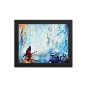 May include: A painting of a lone figure in a blue and white landscape. The figure is standing in a body of water, holding a staff. The background is a swirling, abstract pattern of blue and white.