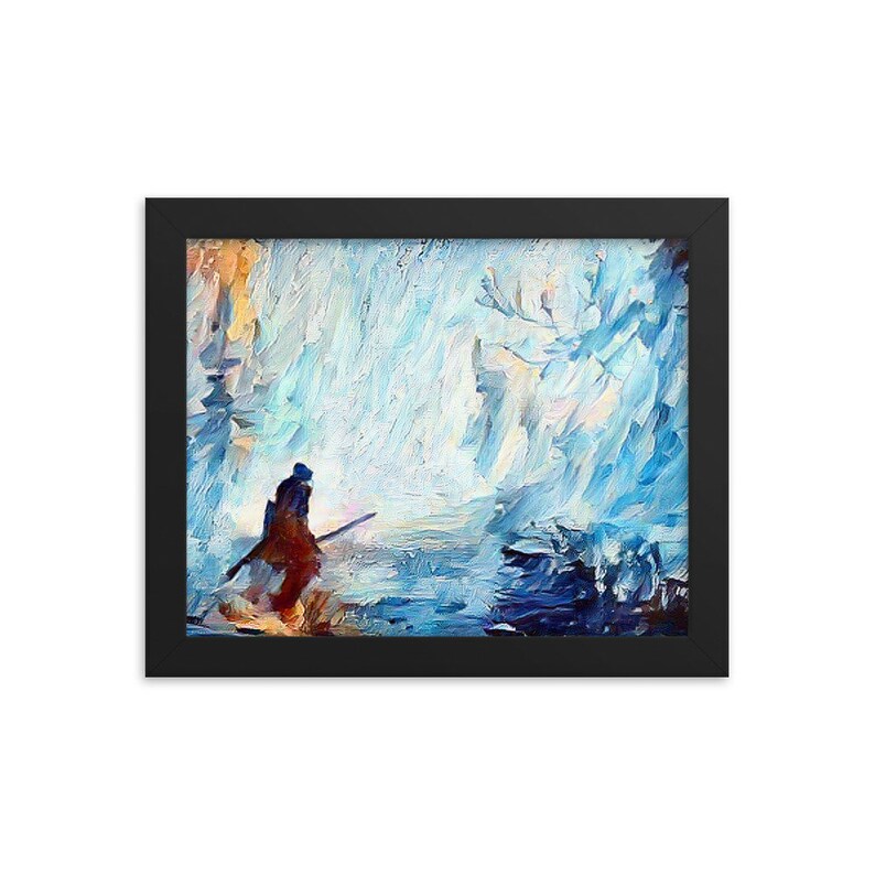 May include: A painting of a lone figure in a blue and white landscape. The figure is standing in a body of water, holding a staff. The background is a swirling, abstract pattern of blue and white.