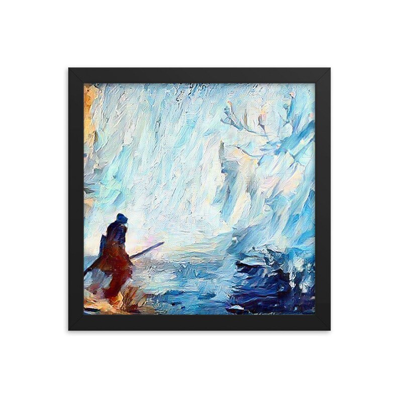 May include: A painting of a lone figure in a blue and white landscape. The figure is wearing a dark blue coat and is holding a long, thin object. The background is a swirling mix of blue, white, and gray.