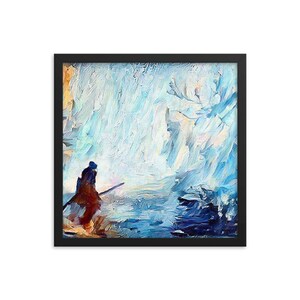 May include: A painting of a lone figure in a blue and white landscape. The figure is wearing a dark coat and holding a staff. The background is a swirling mix of blue, white, and gray, with hints of pink and yellow.