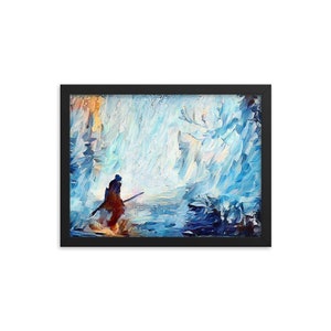 May include: A painting of a lone figure in a snowy landscape, with a blue and white color scheme. The figure is wearing a red and blue cloak and is holding a staff. The background is a snowy forest with a large, white tree in the distance.