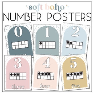 May include: Set of six colorful printable number posters with a boho theme. Each poster features a number, a ten frame, and the number word. The numbers are 0 through 5.
