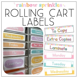 Bearbeitbare Rollwagenetiketten | Sterilite 3 Schubladenetiketten | Regenbogen Streusel