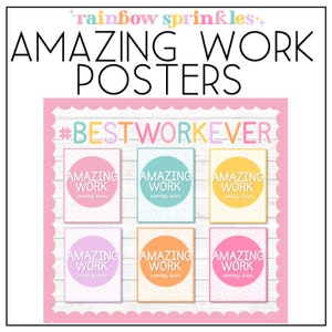 May include: Six colorful posters with the text "Amazing Work" and "coming soon" on a white wood background. The posters are decorated with white polka dots. The text "#BESTWORKEVER" is at the top of the posters.