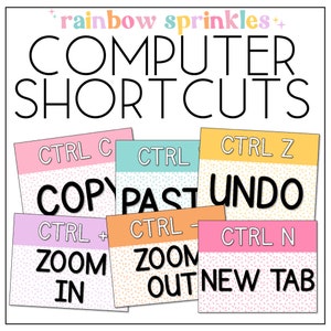 May include: Colorful cards with computer keyboard shortcuts. The cards have a rainbow sprinkle pattern and include the text "CTRL C COPY", "CTRL PAST", "CTRL Z UNDO", "CTRL+ ZOOM IN", "CTRL- ZOOM OUT", and "CTRL N NEW TAB".