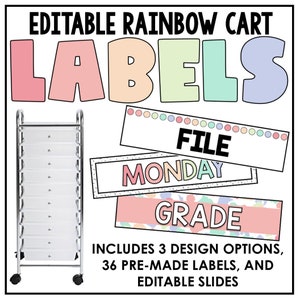 EDITABLE Bright Pastel 10 drawer Rolling Cart Labels