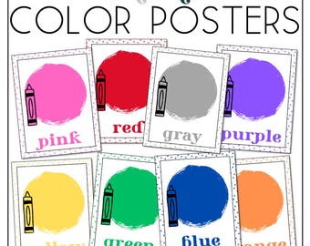 May include: A collection of color posters with a white border and a crayon illustration. Each poster features a different color: pink, red, gray, purple, yellow, green, blue, and orange. The text "boho bliss" and "COLOR POSTERS" are at the top.