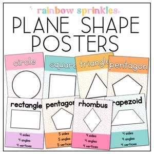 May include: A set of eight colorful printable posters featuring different geometric shapes, including a circle, square, triangle, pentagon, rectangle, rhombus, and trapezoid. Each poster includes the name of the shape, the number of sides, angles, and vertices.