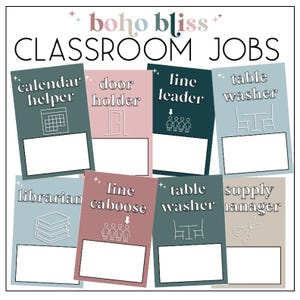 May include: A set of classroom job cards with the text "boho bliss" at the top. Each card has a different job title, such as "calendar helper" and "table washer", with corresponding illustrations. The cards are in various pastel colors.