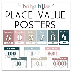 May include: Place value posters with the text "boho bliss". The posters show numbers and their place values, such as thousandths, hundredths, tenths, units, tens, and hundreds. The colour scheme includes pinks, blues, and greens. Measurements are in the metric system.