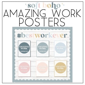 May include: Six printable posters with a white background and a light blue, pink, or gold circle with the text "Amazing Work" and "coming soon" in white text. The posters are arranged in two rows of three. The text "#bestworkever" is at the top of the image.