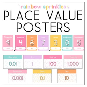 May include: Place value posters with colourful backgrounds and rainbow sprinkles. The posters show the place value of numbers from thousands to thousandths.
