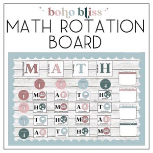 Könnte beinhalten: Eine Mathe-Rotations-Tafel mit der Aufschrift "MATH ROTATION BOARD" in Schwarz und Rosa. Die Tafel ist in Abschnitte für verschiedene Aktivitäten unterteilt, mit Beschriftungen wie "Meet with Teacher" und "At Your Seat".