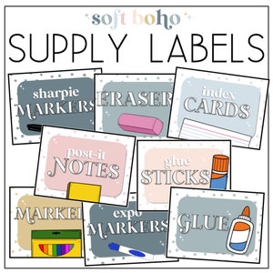 May include: Nine colorful labels with white text for classroom supplies. The labels include: "sharpie markers", "eraser", "index cards", "post-it notes", "glue sticks", "marker", "expo markers", and "glue".