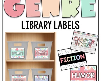 May include: Pastel colored labels for a library book shelf. The labels are for different genres including: Chapter Books, Fiction, Humor, Sports, Animal Nonfiction, Historical Fiction.