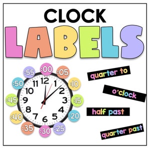 May include: A colorful chart with a clock face and labels for telling time. The labels include "quarter to", "o'clock", "half past", and "quarter past".