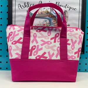Mini Tote Makeup Bag made in a breast cancer awareness fabric