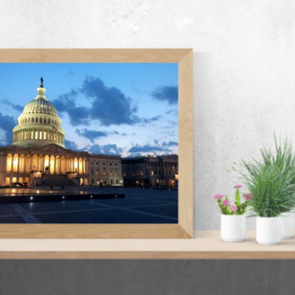 US Capitol at Night, Eastern View of United States Capitol Building at Dusk, Washington, DC Monuments Print at night for Digital Download