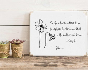 John 3:16 Bible Verse Art, Floral Christian Wall Decor (Digital Download)