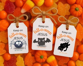 Christliche Halloween Leckerei Tags druckbare, Falloween Jesus Geschenk, Halloween Candy Bag, Süßes oder Saures, Kirchenstamm oder Leckerei, digitaler Download