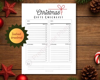 Christmas Checklist, Gift List Planner Printable, Minimalist, Color or Black and White (Digital Download)
