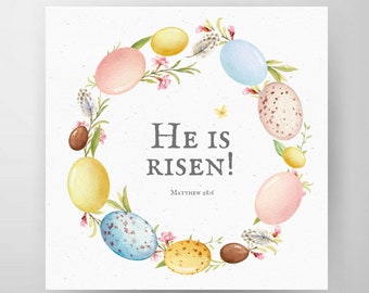 Bible Verse Easter Printable Wall Decor, Matthew 28:6 He is risen! Resurrection Scripture, Easter Eggs, Digital Download