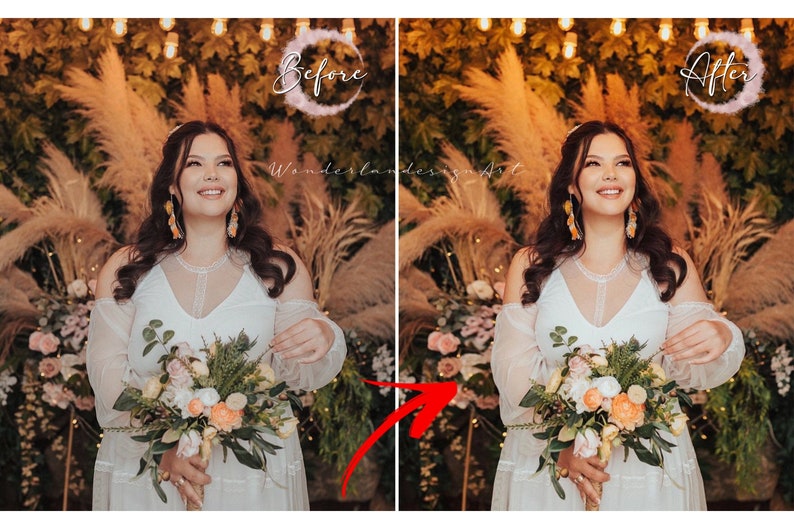 May include: A bride in a white dress holds a bouquet of flowers in front of a backdrop of greenery and pampas grass. The image is split in half, with the left side showing the original image and the right side showing the edited image. The text "Before" is written in a circle on the left side of the image, and the text "After" is written in a circle on the right side of the image.