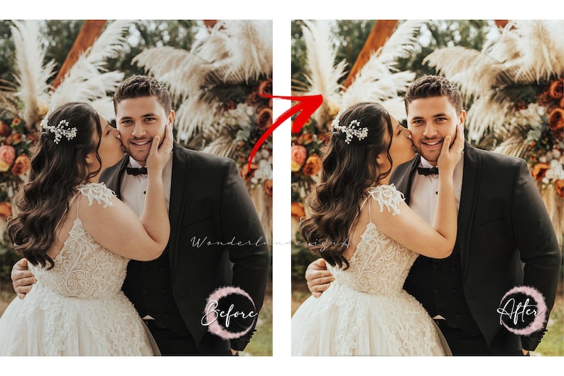 May include: A bride in a white lace wedding dress kisses the groom on the cheek. The groom is wearing a black suit and a white bow tie. They are standing in front of a floral archway.