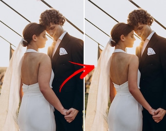 Retoque fotográfico de bodas: adelgazamiento corporal, corrección de iluminación, edición de pose de novia, adelgazamiento corporal, contorno de brazos y mentón.