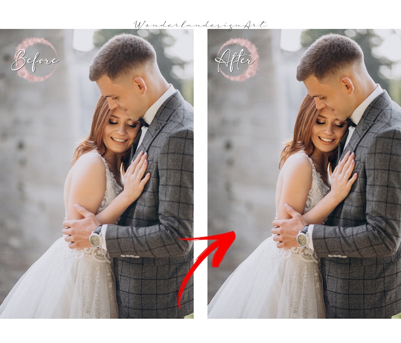 May include: A couple poses for a wedding photo. The bride is wearing a white wedding dress and the groom is wearing a gray suit. The couple is standing in front of a stone wall.