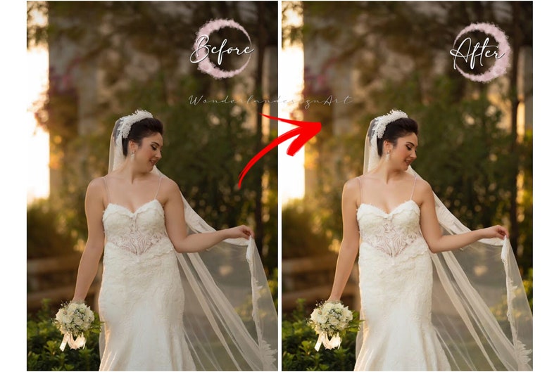 May include: A bride in a white lace wedding dress with a long veil, holding a bouquet of white flowers. The image shows the difference in the lighting and color of the image before and after editing.
