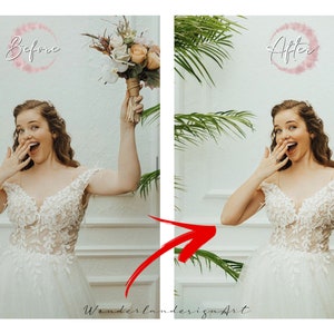 May include: A bride in a white lace wedding dress with a bouquet of flowers in her hand. She is smiling and looking at the camera. The image is split into two parts, with the left side showing the bride before editing and the right side showing the bride after editing. The text "Before" and "After" is written in pink on a white background.
