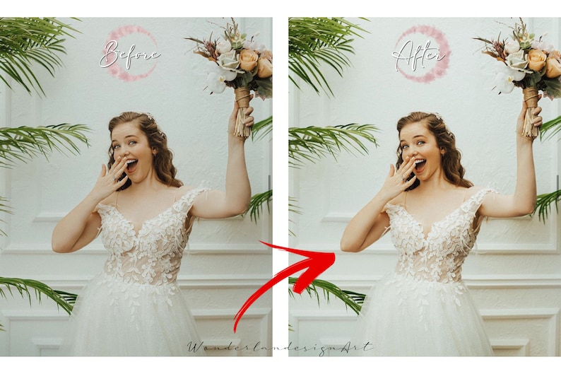 May include: A bride in a white lace wedding dress with a bouquet of flowers in her hand. She is smiling and looking at the camera. The image is split into two parts, with the left side showing the bride before editing and the right side showing the bride after editing. The text "Before" and "After" is written in pink on a white background.