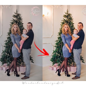 May include: A family of three poses in front of a decorated Christmas tree. The parents are wearing casual clothing, and the child is wearing a pink onesie. The family is standing in a room with white walls and a white ceiling.