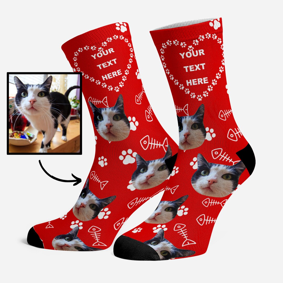 Custom Cat Socks, Personalized Pet Photo Socks, Customized Cute Cat Face Socks, Cat Lover Gift