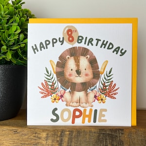 Cartão de feliz aniversário personalizado / Cartão de animal leão / Cartão de nome e idade