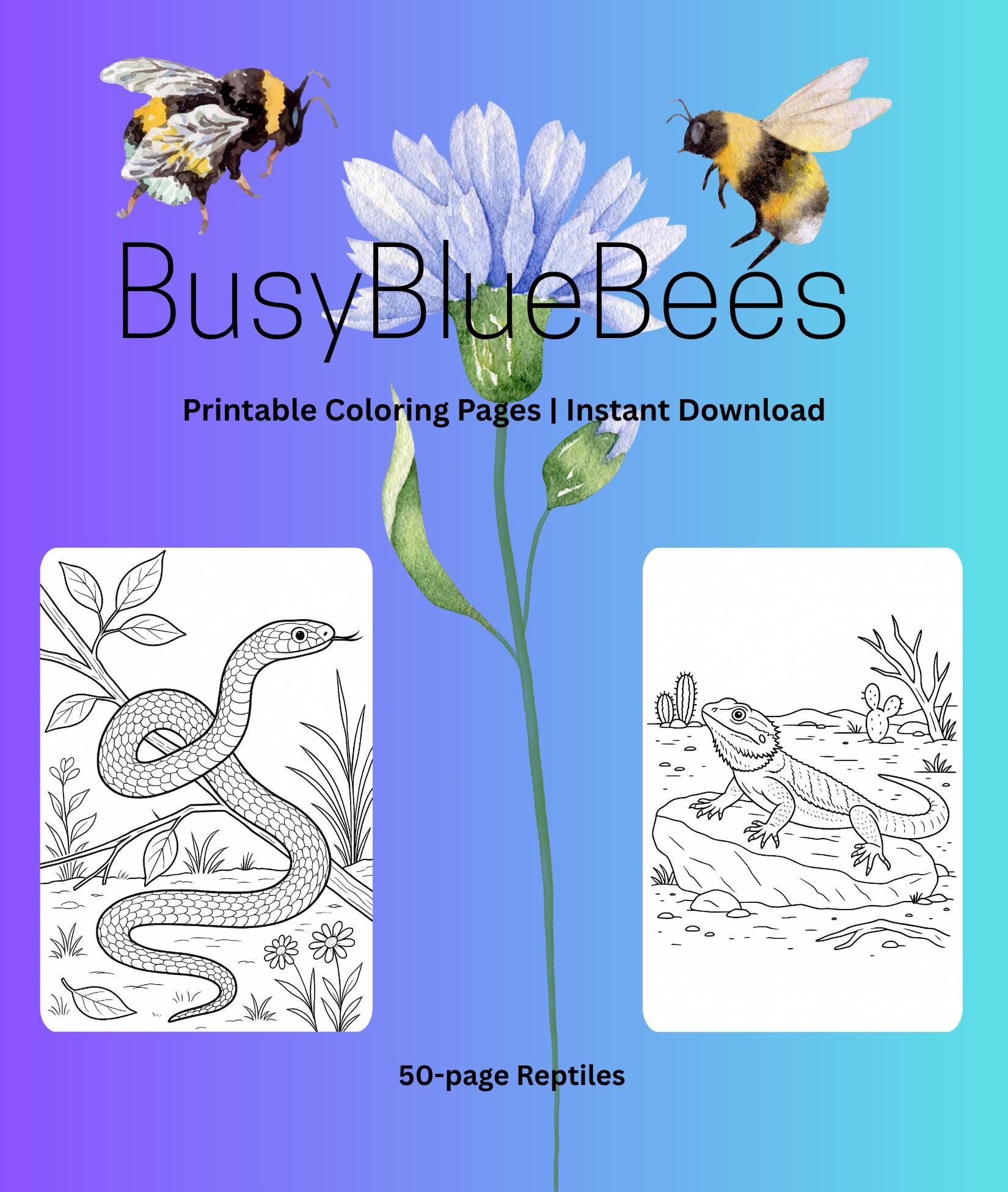 50 Realistic Reptile Coloring Book for Adults & Kids | Snakes, Turtles, Lizards Coloring Book | Reptile Lovers | Instant Digital Download