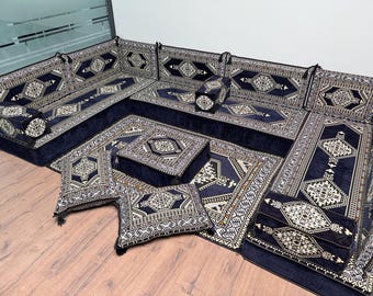 Marineblauwe medaillon vloerkussenset, Turks kelimtapijt met poef poef, siervloerkussen voor Majlis Lounge Decor