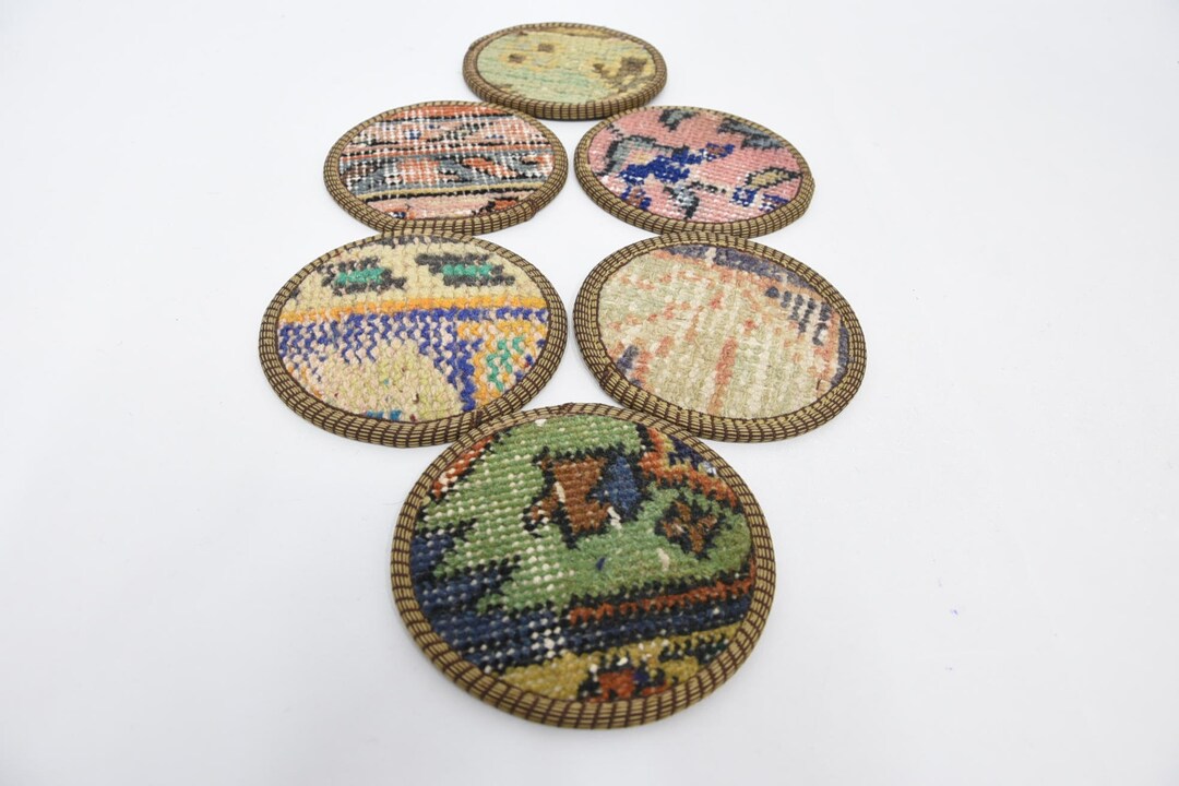 Round Rug Coasters Set of Six, Round Coaster, Kitchen Decor, Green Coaster, Rug Coaster ...